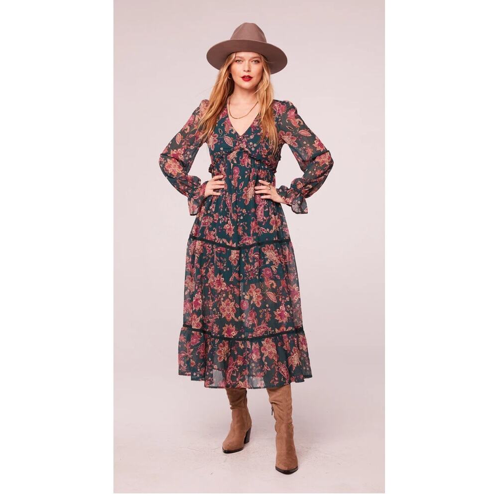 BAND OF THE FREE BOG RUN‎ THE WORLD PINE BERRY PAISLEY EMPIRE WAIST MIDI DRESS S
